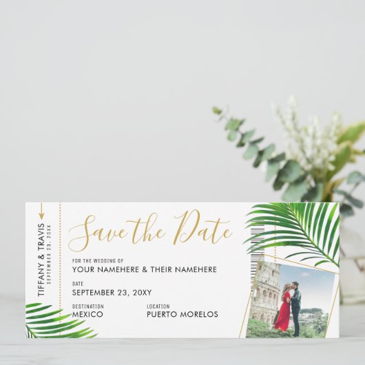 Tropische palm boarding Pass Photo Save the Date Aankondiging (Staand voorkant)
