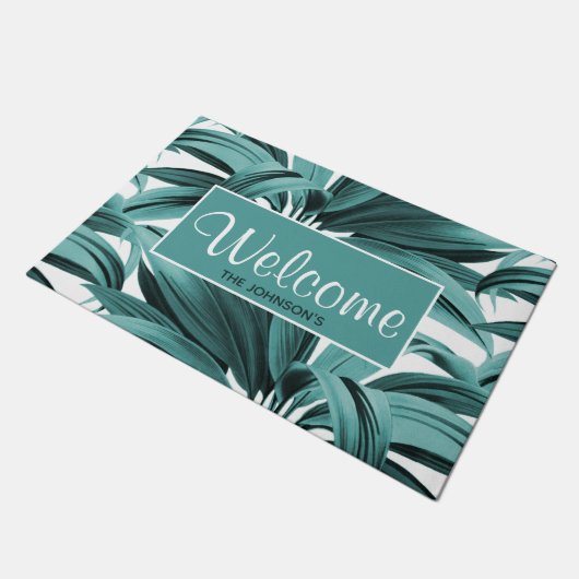  tropische palm Botanische Waterverf Blauwgroen Deurmat (Schuin)