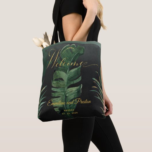 Tropische Palm bruiloft welkom gast cadeau Tote Bag (Dichtbij)