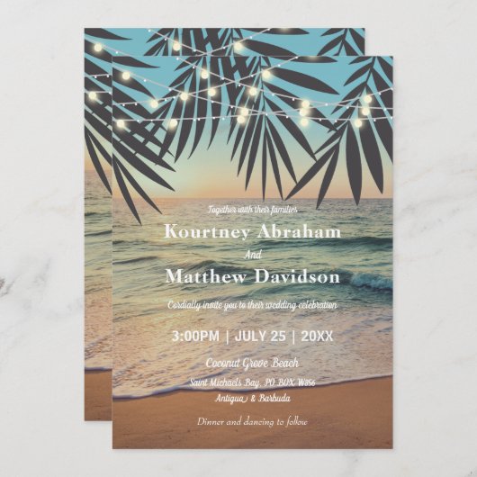 Tropische palm Custom Weddenband Beach String Ligh Kaart (Voorkant / Achterkant)