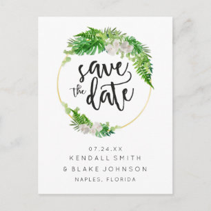 Tropische palm en groen krans Save the Date Aankondigingskaart
