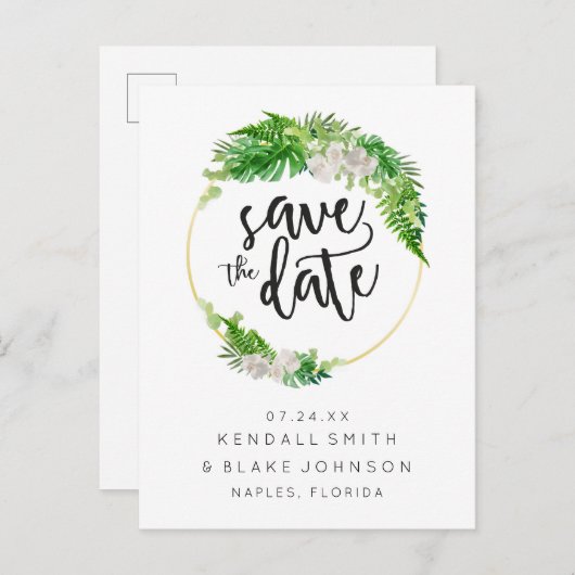 Tropische palm en groen krans Save the Date Aankondigingskaart (Voorkant / Achterkant)