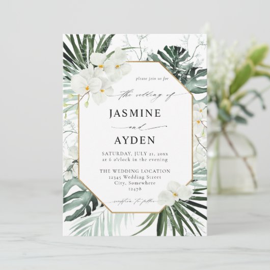 Tropische palm en uitnodiging van Floral (Staand voorkant)