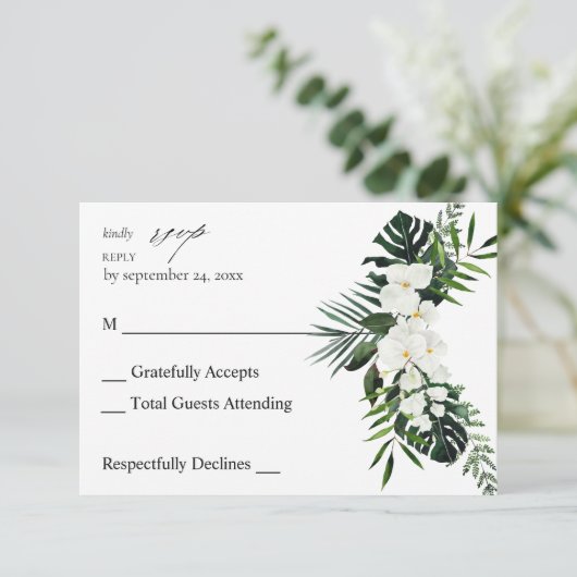 Tropische palm en witte Floral, geen koraal RSVP (Staand voorkant)