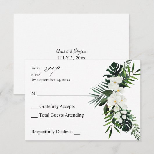 Tropische palm en witte Floral, geen koraal RSVP (Voorkant / Achterkant)