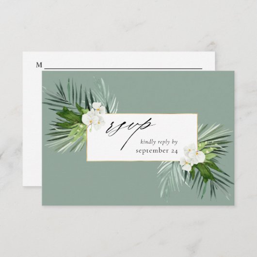 Tropische palm en witte Floral met gemiddelde RSVP (Voorkant / Achterkant)