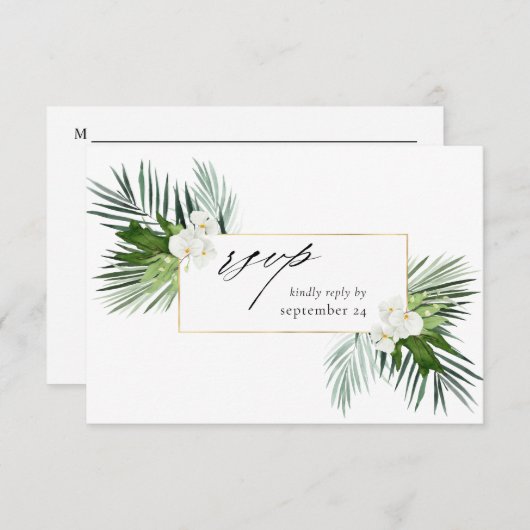 Tropische palm en witte Floral met gemiddelde RSVP (Voorkant / Achterkant)