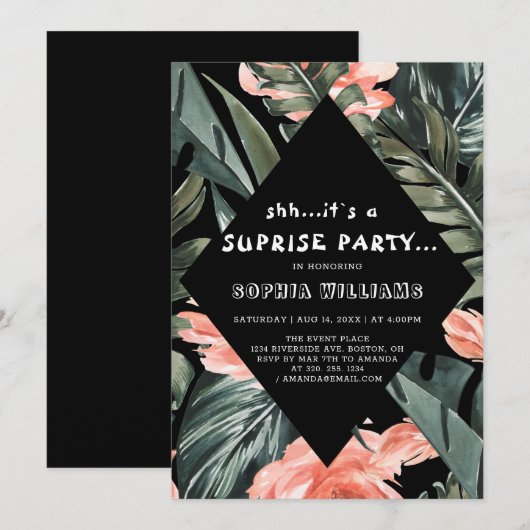 Tropische palm Floral Surprise Black Party Invite Kaart (Voorkant / Achterkant)