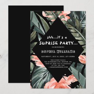 Tropische palm Floral Surprise Black Party Invite Kaart
