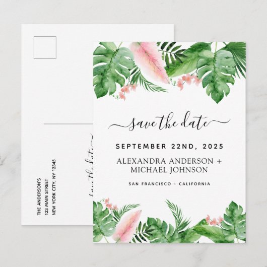 Tropische Palm Floral Waterverf Save the Date Aankondigingskaart (Voorkant / Achterkant)