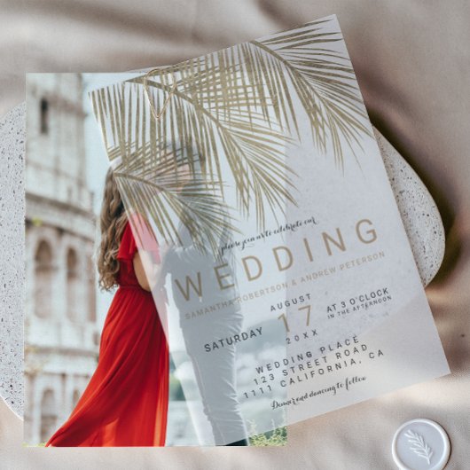 Tropische Palm Goud Chic Boheemse bruiloft Vellum Uitnodigingen