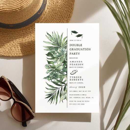 Tropische Palm Greenery Dubbele Graduation Party Kaart