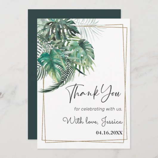 Tropische palm groen gouden kader bruidsdouche bedankkaart (Voorkant / Achterkant)