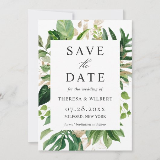 Tropische Palm Groene Trouwkaart 'Save The Date' Save The Date (Voorkant)