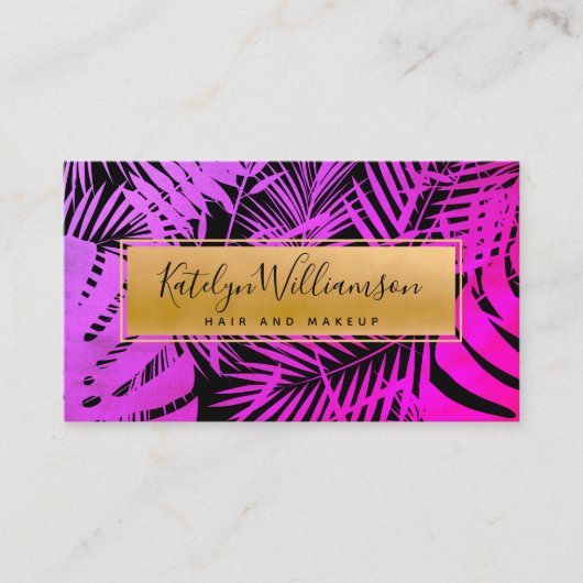 Tropische palm hot roze ombre goud script stijlvol visitekaartje (Voorkant)