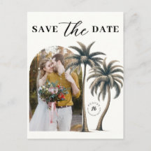 Tropische Palm Kustbruiloft Foto Save the Date