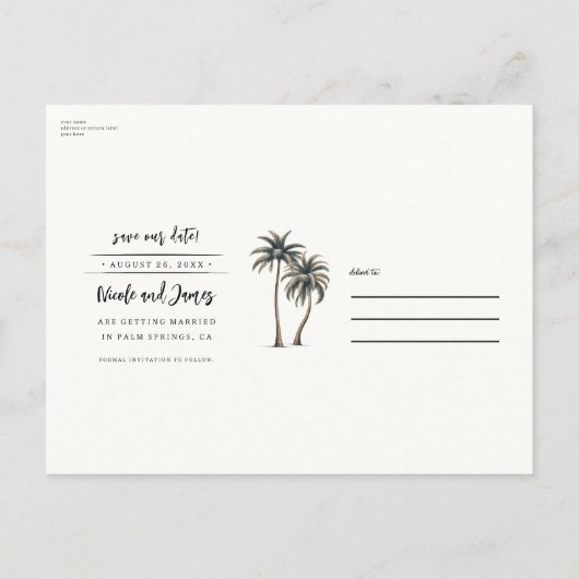 Tropische Palm Kustbruiloft Foto Save the Date Aankondigingskaart (Achterkant)