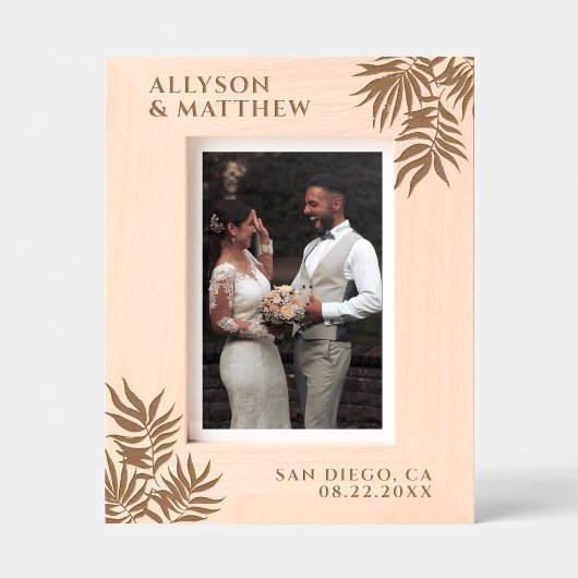Tropische palm laat aangepaste namen datumbruiloft gegraveerde lijstjes