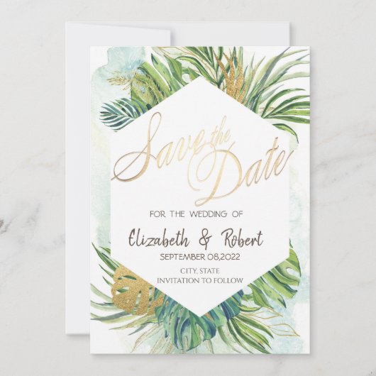 Tropische palm laat de zomer sparen de datum save the date (Voorkant)