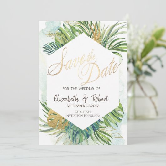 Tropische palm laat de zomer sparen de datum save the date (Staand voorkant)