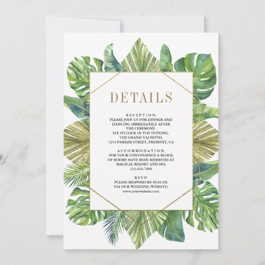 Tropische palm laat goud achter in één bruiloft kaart (Achterkant)