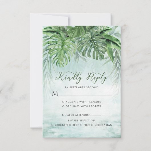 Tropische palm laat Waterverf Grieks huwelijk over RSVP Kaartje (Voorkant)