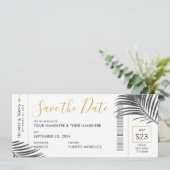 Tropische palm Leaf Boarding Pass Save Date B+W Aankondiging (Staand voorkant)