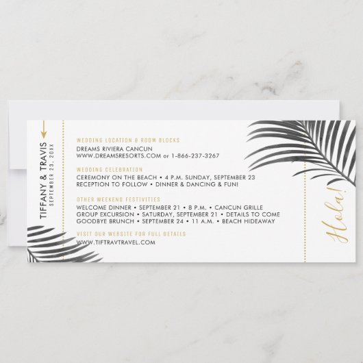 Tropische palm Leaf Boarding Pass Save Date B+W Aankondiging (Achterkant)