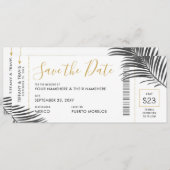 Tropische palm Leaf Boarding Pass Save Date B+W Aankondiging (Voorkant / Achterkant)
