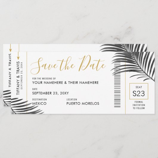 Tropische palm Leaf Boarding Pass Save Date B+W Aankondiging (Voorkant / Achterkant)