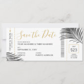 Tropische palm Leaf Boarding Pass Save Date B+W Aankondiging (Voorkant)