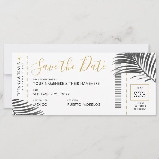 Tropische palm Leaf Boarding Pass Save Date B+W Aankondiging (Voorkant)