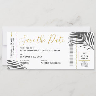 Tropische palm Leaf Boarding Pass Save Date B+W Aankondiging