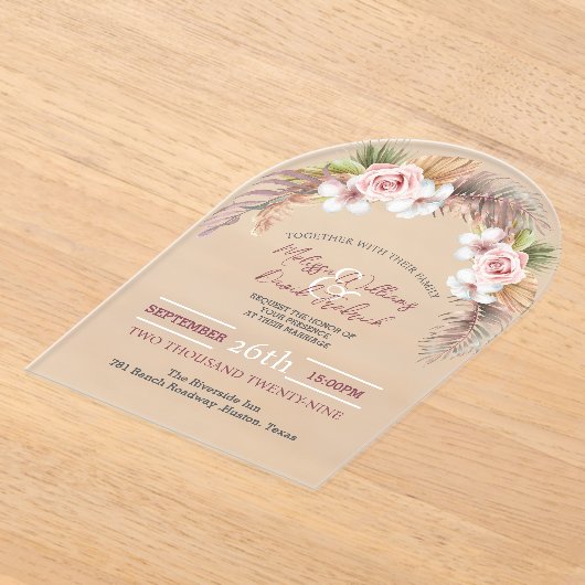 Tropische Palm Leaf Botanische Boho Chic bruiloft Acryl Uitnodigingen (Laagn)