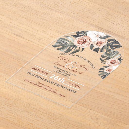 Tropische Palm Leaf Botanische Boho Chic bruiloft Acryl Uitnodigingen (Laagn)