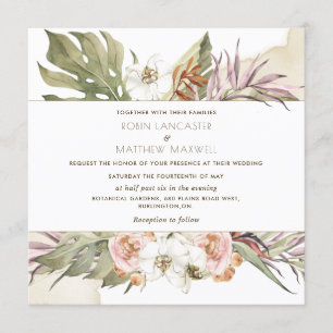 Tropische Palm Leaf Floral Cream Vierkante Bruilof Kaart