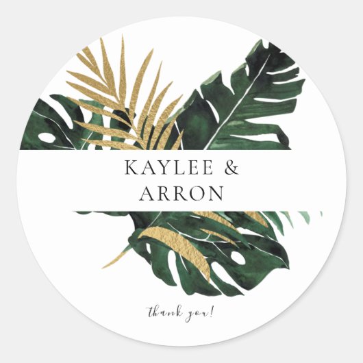 Tropische Palm Leaf Gold 3 Dank u Ronde Sticker (Voorkant)