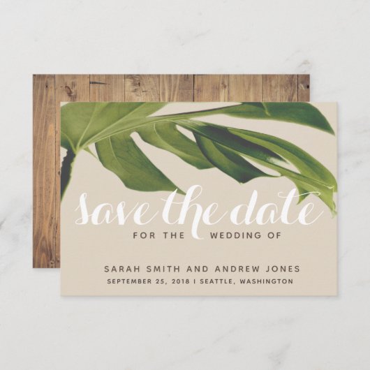 Tropische palm Leaf Green en Tan Save the Date (Voorkant / Achterkant)