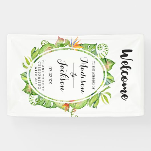 Tropische Palm Leaf Island krans bruiloft welkom Spandoek (Horizontaal)