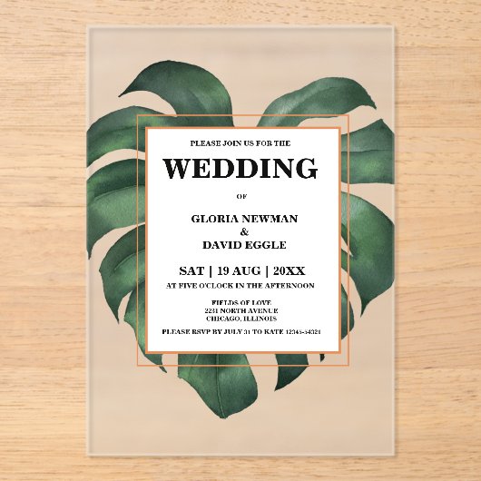 Tropische Palm Leaf Monstera bruiloft Acryl Uitnodigingen (Voorkant)