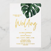 Tropische Palm Leaf Monstera Wedding Gold Folie Uitnodiging (Voorkant)