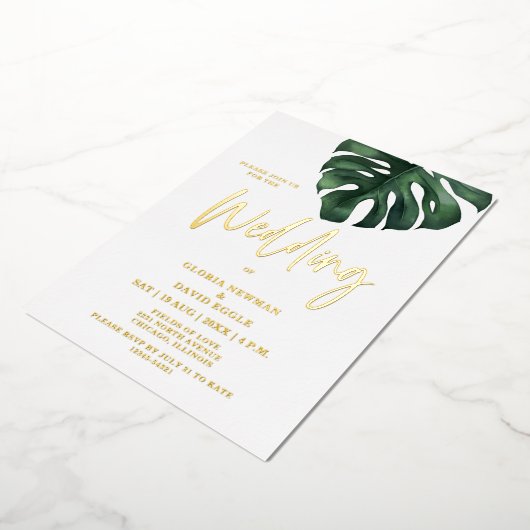 Tropische Palm Leaf Monstera Wedding Gold Folie Uitnodiging (Gedraaid)