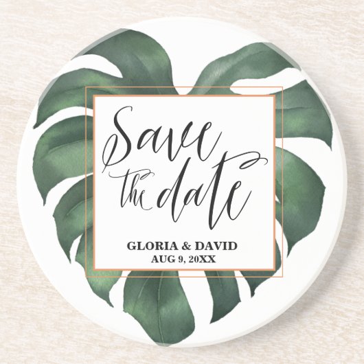 Tropische palm Leaf Save the date Sandstone Zandsteen Onderzetter (Voorkant)