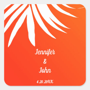Tropische Palm Leaf Sunset Sinaasappel Strand Wedd Vierkante Sticker