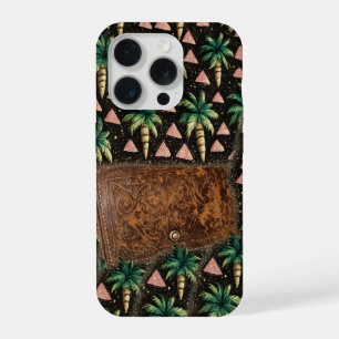Tropische Palm & Leren Portemonnee Patroon iPhone 15 Pro Case