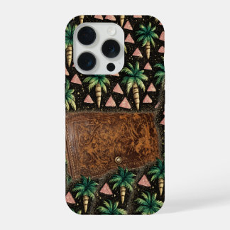 Tropische Palm & Leren Portemonnee Patroon iPhone 15 Pro Case