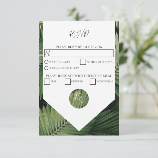 Tropische palm leveert Greenery Wedding RSVP Kaart (Staand voorkant)