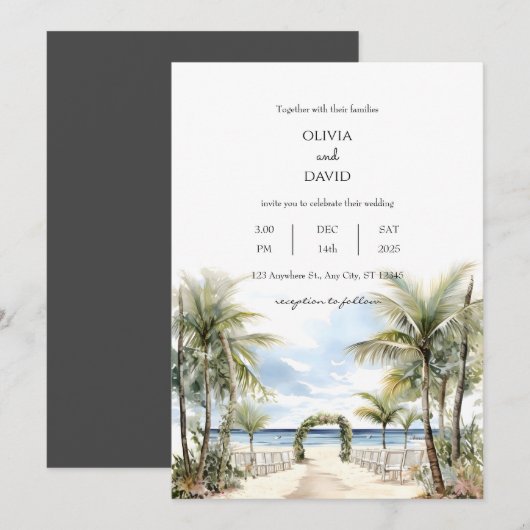 Tropische Palm Lined Strand Ceremonie Aisle Bruilo Kaart (Voorkant / Achterkant)