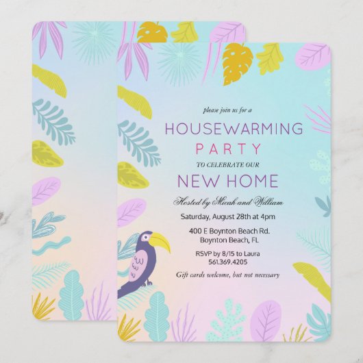 Tropische Palm Macaw Vogel Housewarming Uitnodigin Kaart (Voorkant / Achterkant)