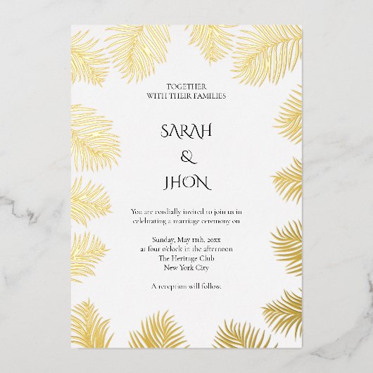 Tropische Palm minimalistische bruiloft uitnodigin Folie Uitnodiging (Voorkant)